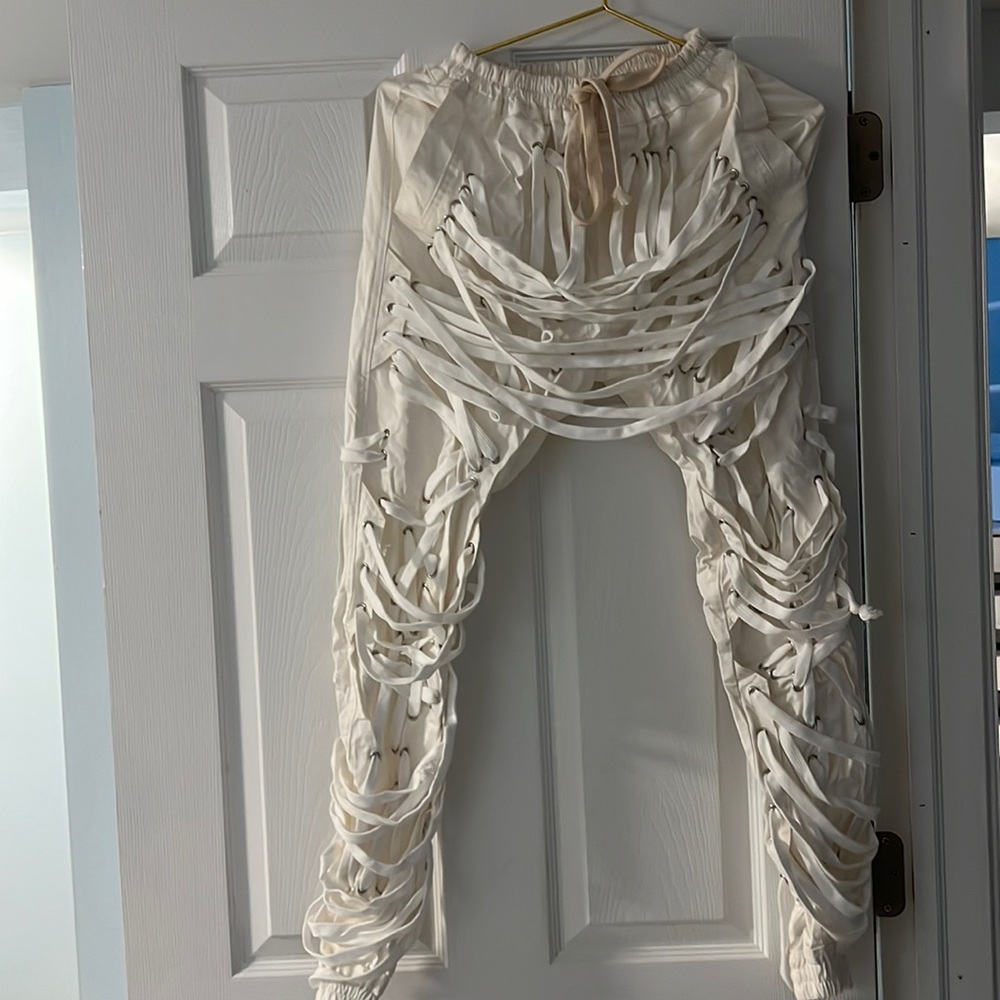 White cargo lace up pants